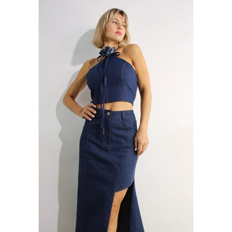 Epicplacess Denim Maxi Skirt with Halter Neck Top, High Waist Exclusive Skirt Set