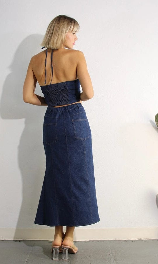 Epicplacess Denim Maxi Skirt with Halter Neck Top, High Waist Exclusive Skirt Set