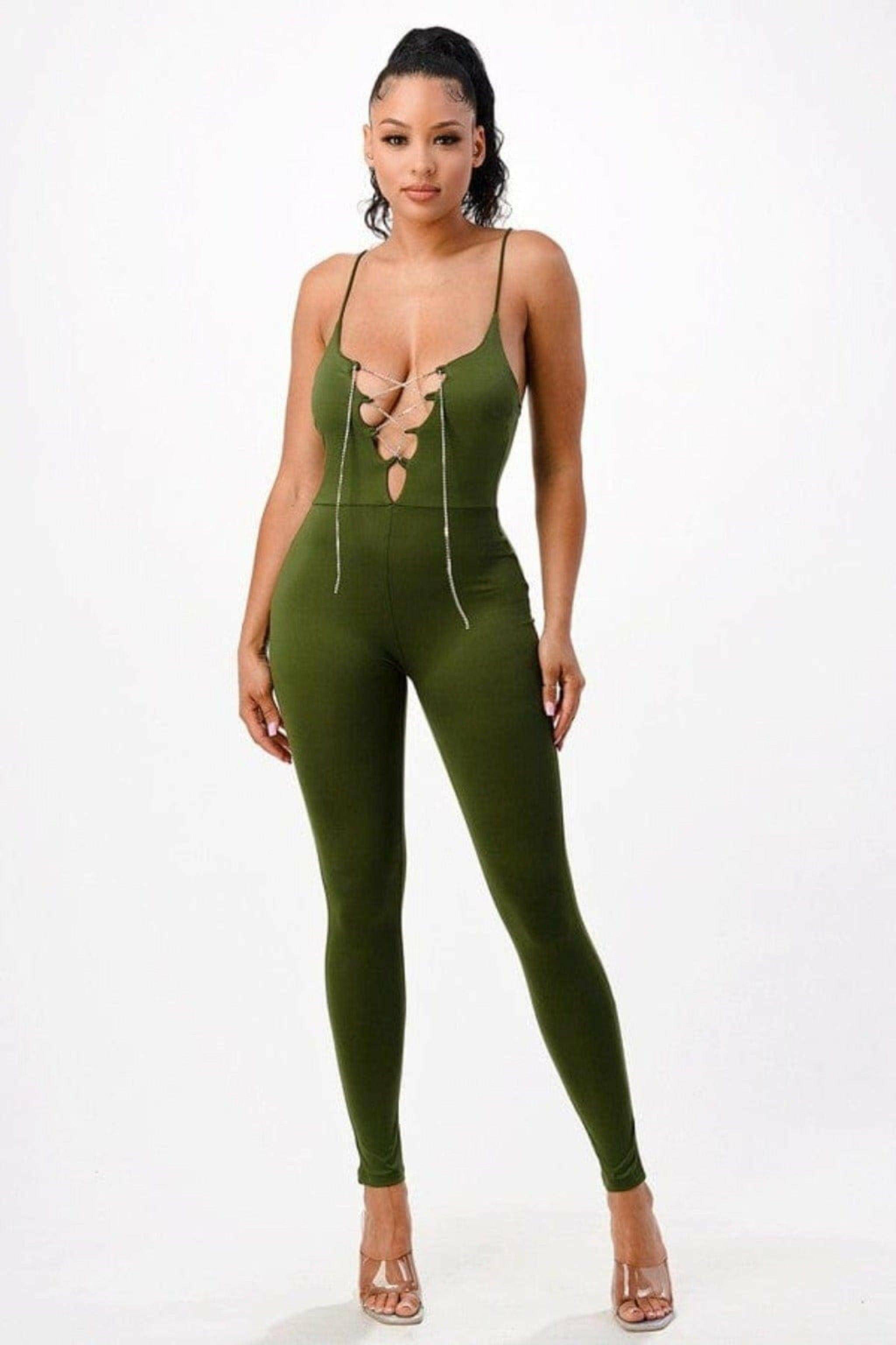 Spaghetti Strap V Front Lace Up Jumpsuits jumpsuits Epicplacess SMALL GREEN UNITED STATES