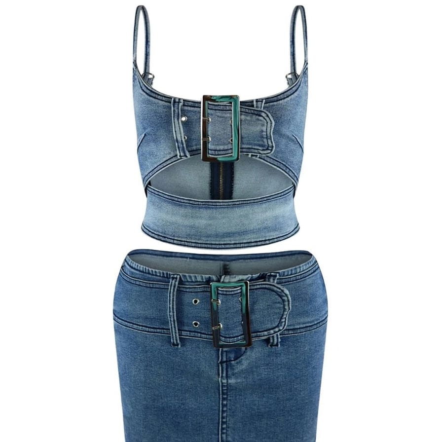 Epicplacess Sets S Denim Spaghetti Strap Top and Mini Skirt Set Adjustable Buckle Detail
