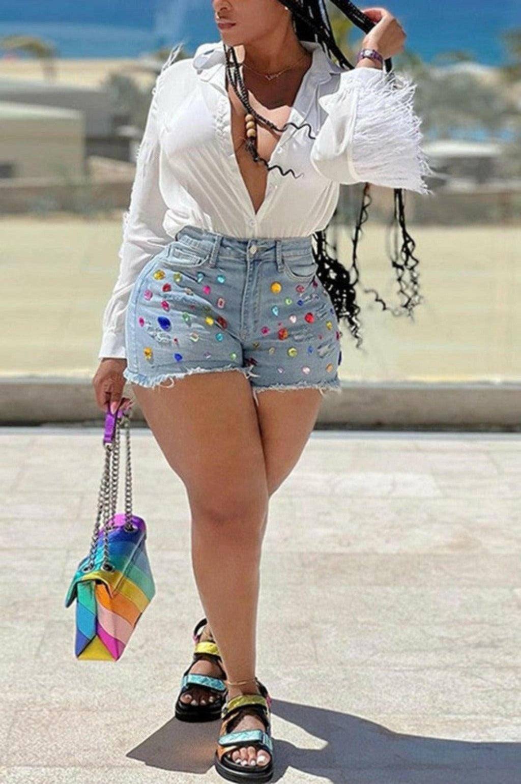 Rhinestone On - Jewel Denim Shorts Shorts Epicplacess Large BLUE united states