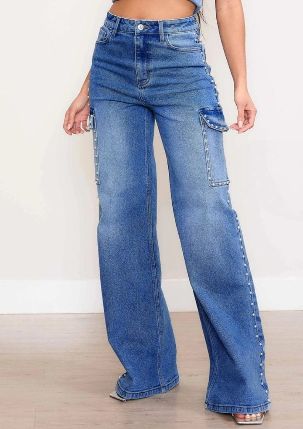 Pearl Adorned Denim Cargo Jeans JEANS Epicplacess Blue 1