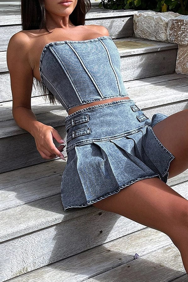 Pleated Women's Denim Skirt Set Sets Epicplacess S Blue