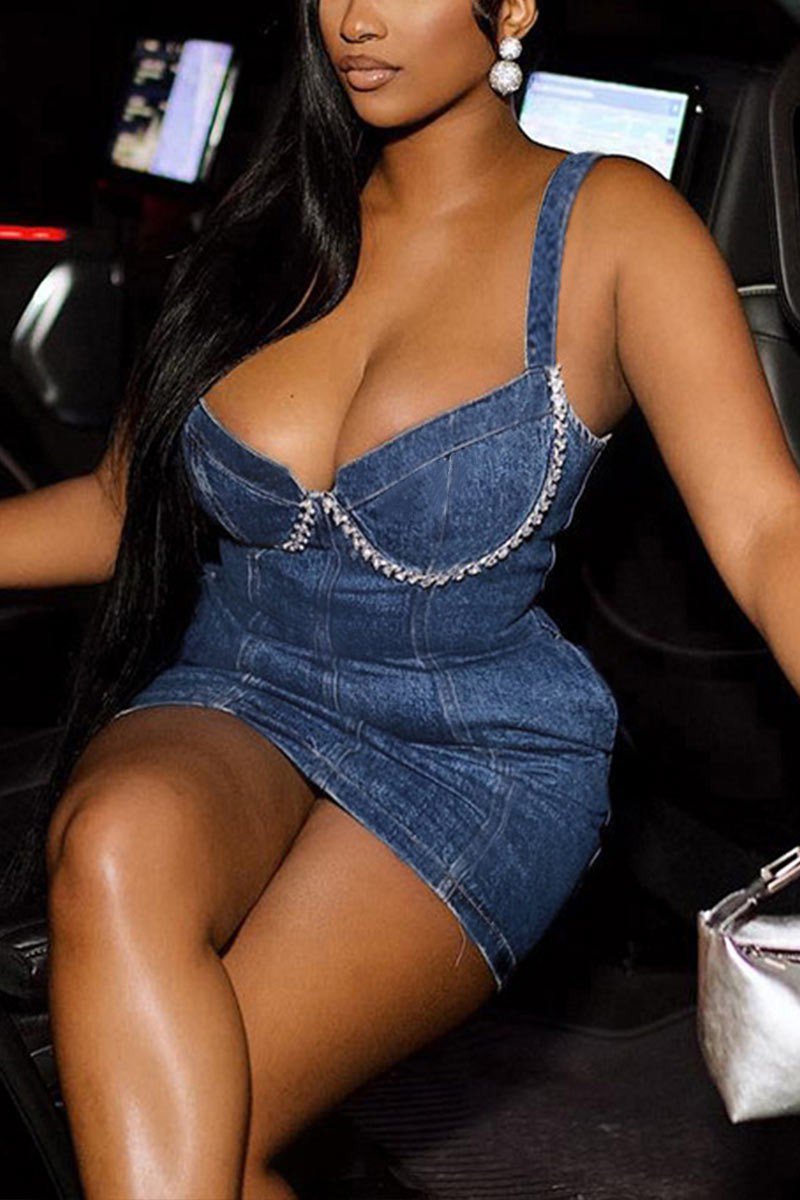 Tara Rhinestones Denim Mini Dress Dress Epicplacess   
