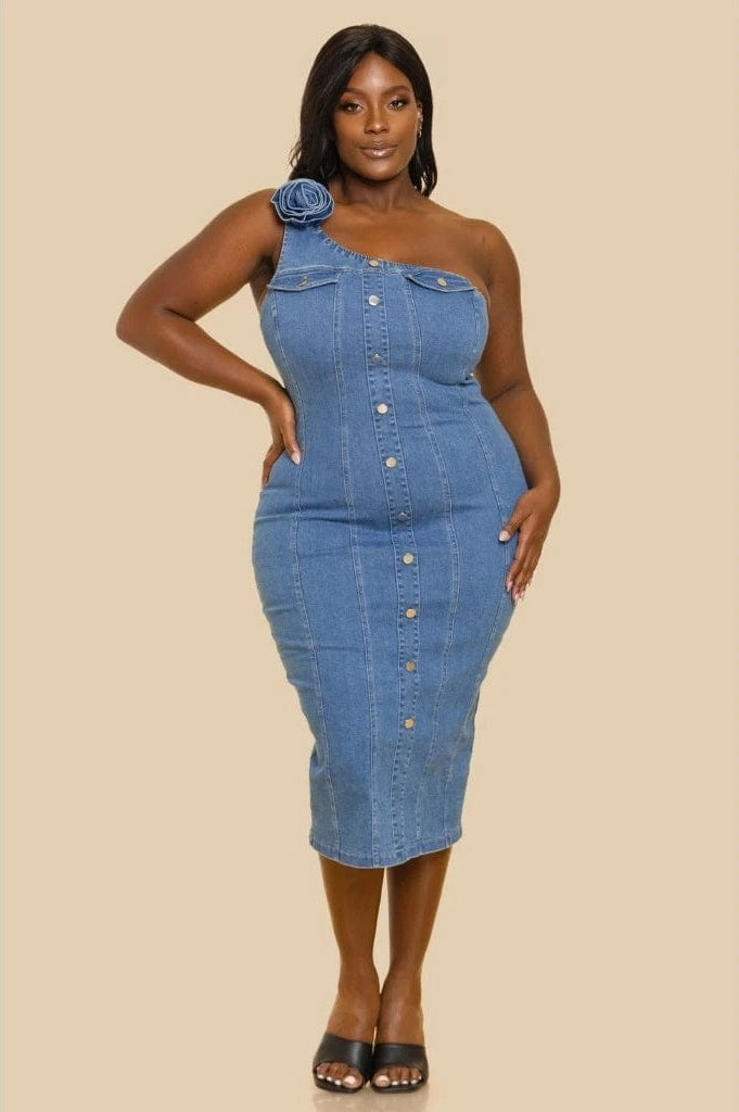 Epicplacess Dress 1X / Blue Tennessee Corsage Denim Midi Dress - Blue SD343723