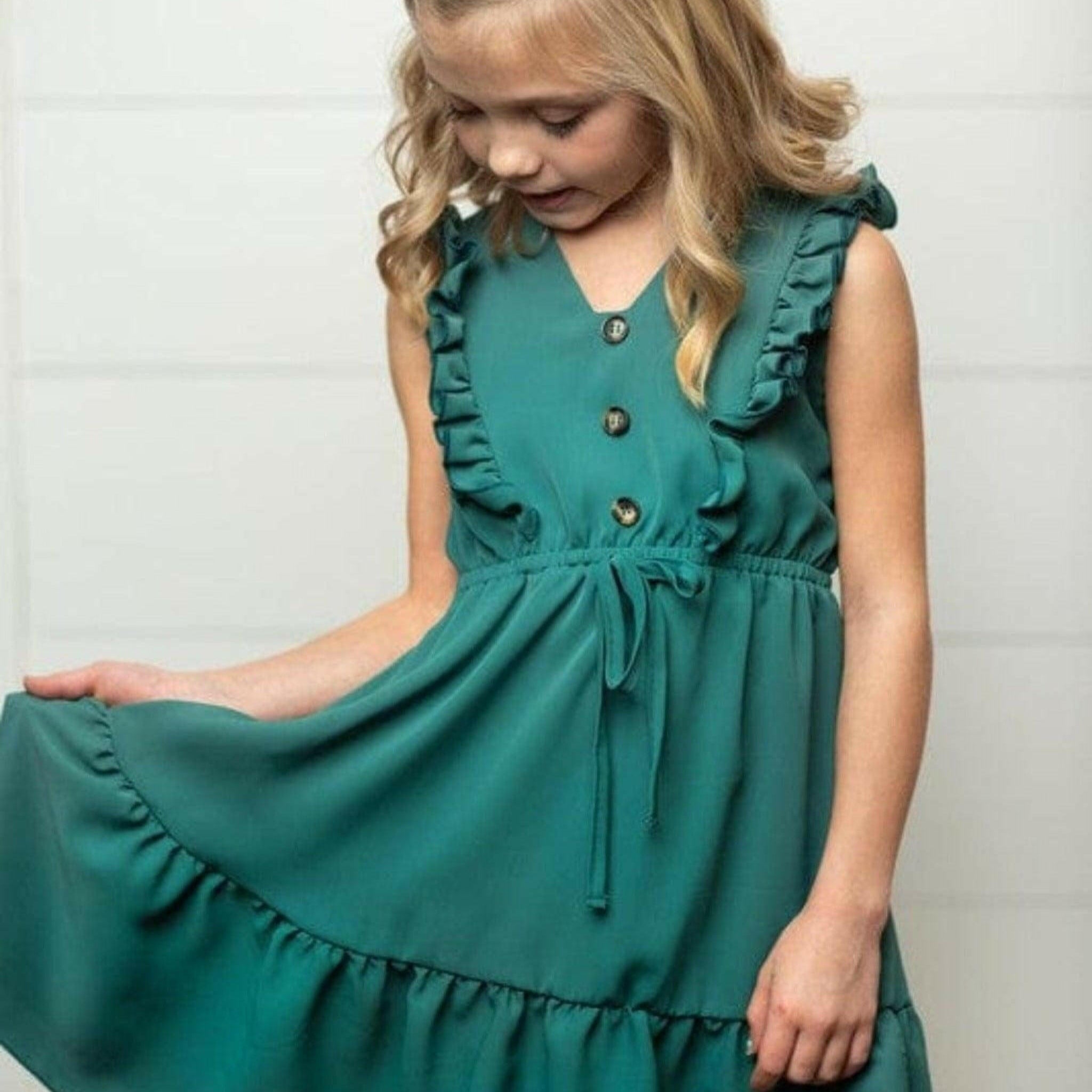 Epicplacess Dress 3 / Green / UNITED STATES Kids Dark Teal Ruffle Front Button Dress 109645925
