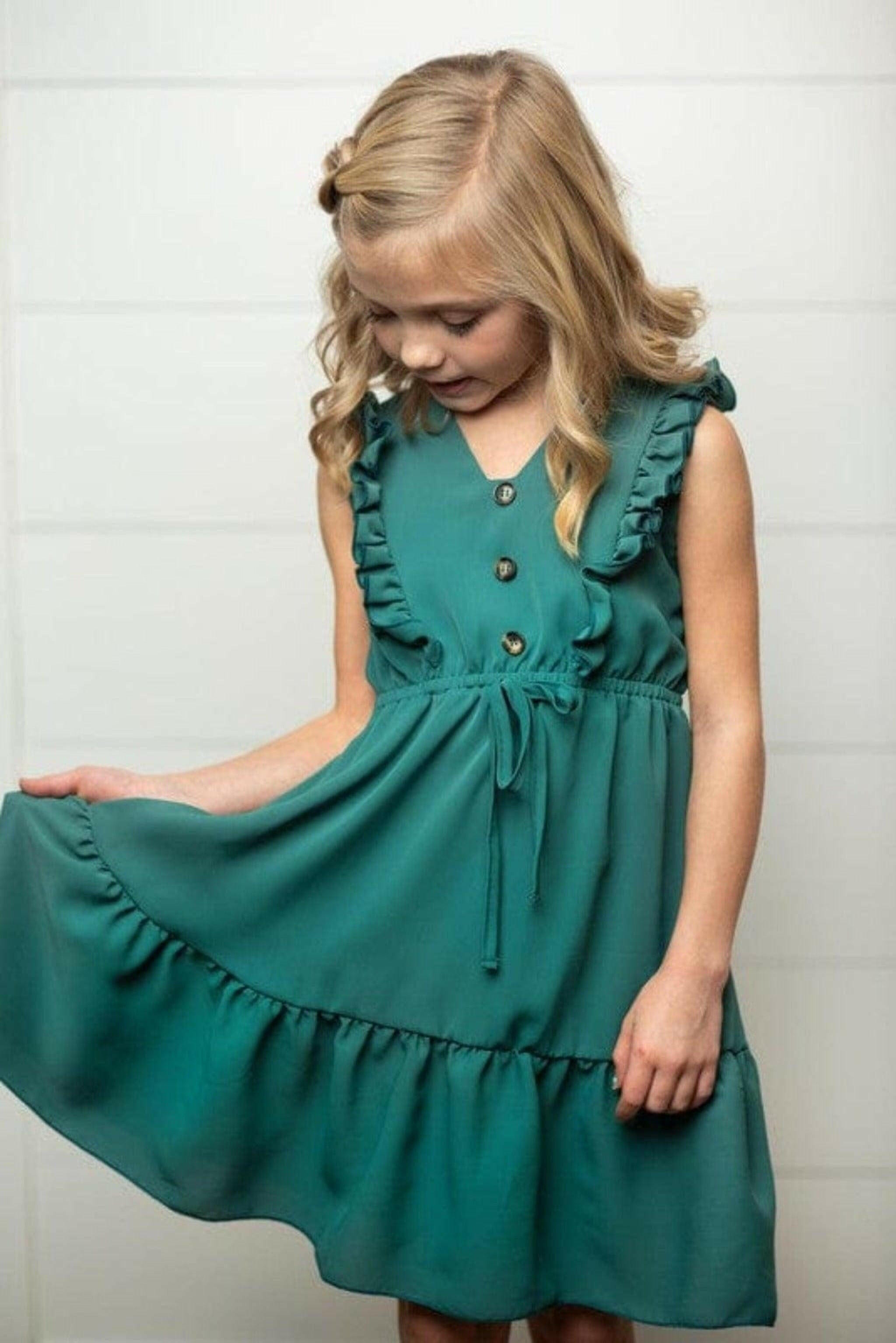 Epicplacess Dress 3 / Green / UNITED STATES Kids Dark Teal Ruffle Front Button Dress 109645925