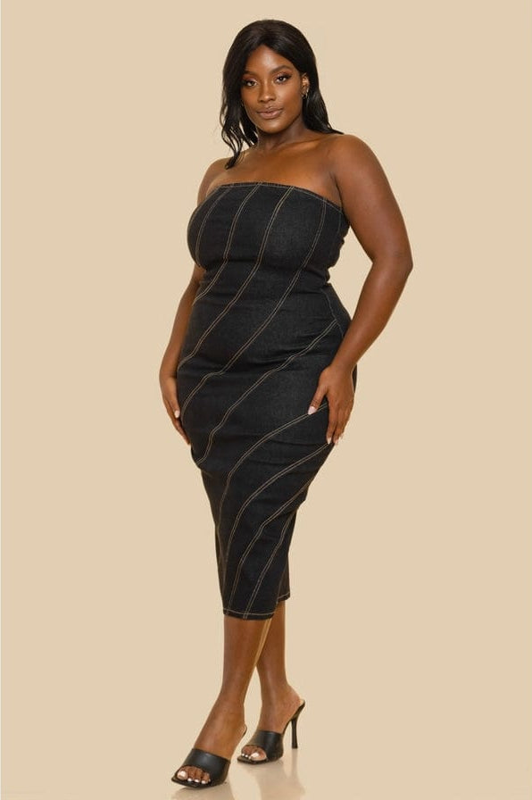 Epicplacess Dress Black / 1XL Swirl Effect Tube Midi Dress in Curvy Denim SD346323-P-1