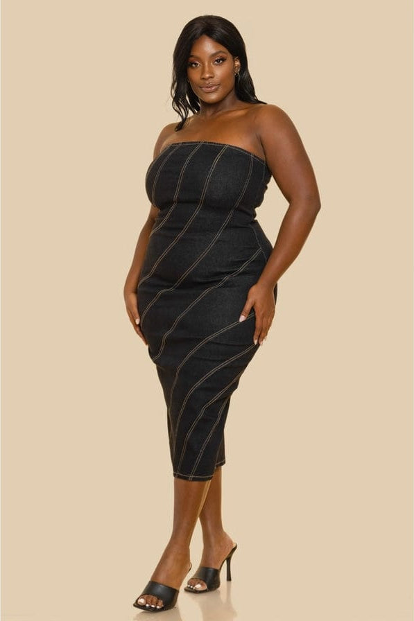 Epicplacess Dress Black / 1XL Swirl Effect Tube Midi Dress in Curvy Denim SD346323-P-1