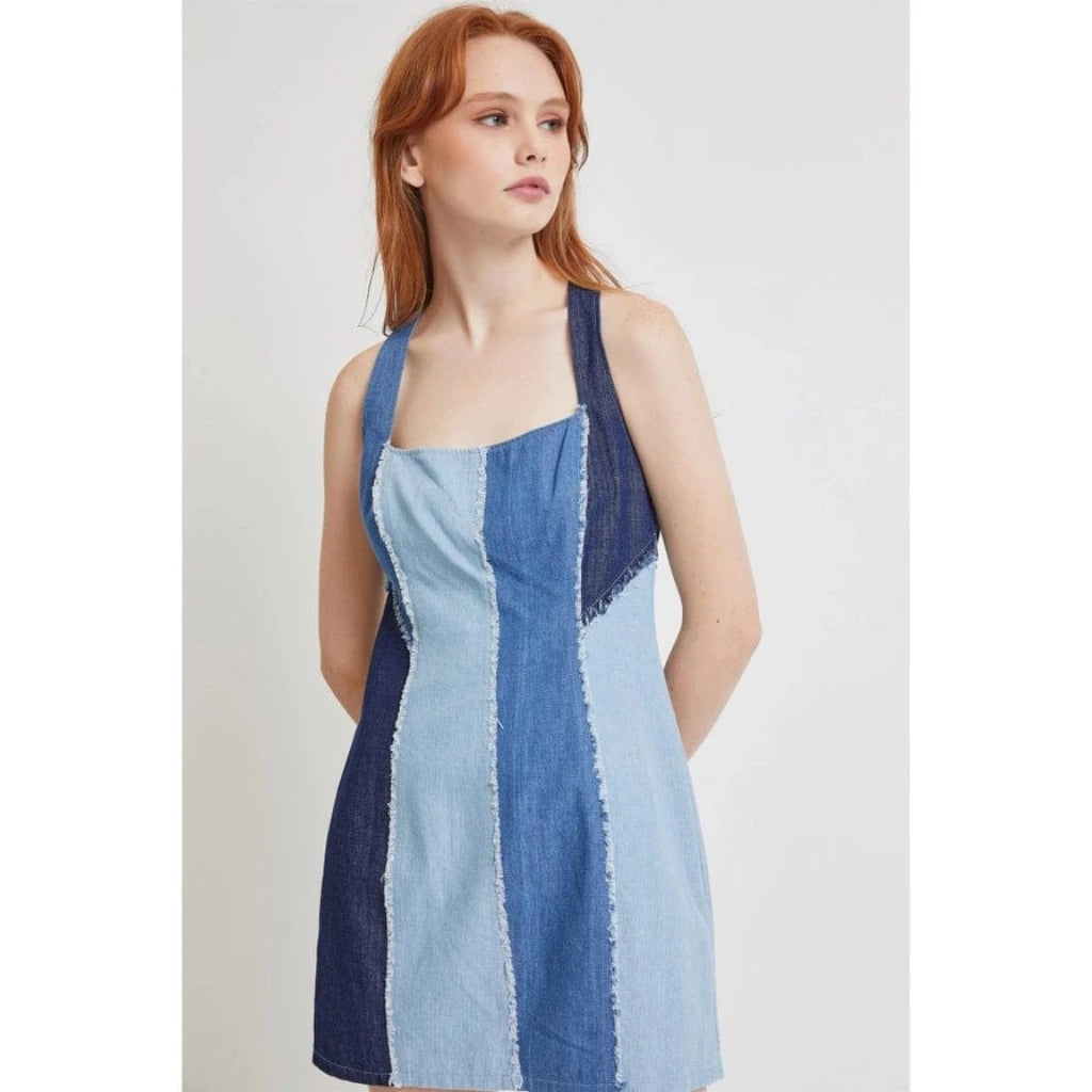 Epicplacess Dress Contrast Blue / S Trendy Sleeveless Mini Dress Denim Patchwork Detail D6750