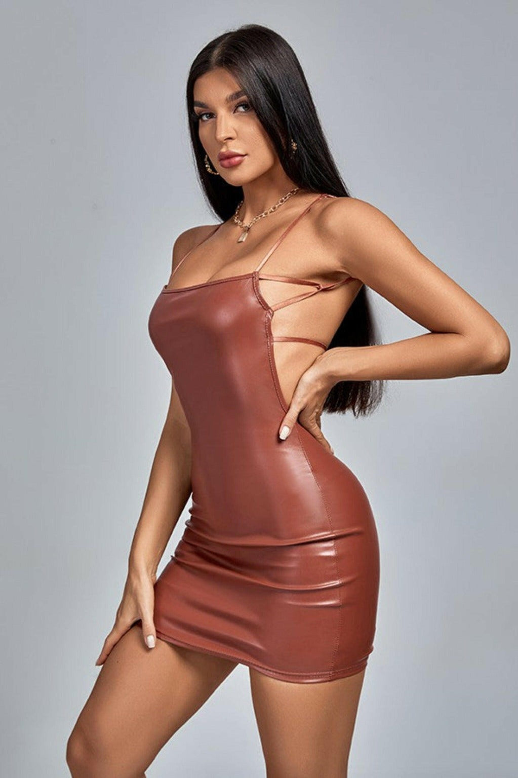 Epicplacess Dress Countermove Halter PU Leather Mini Dress - Brown