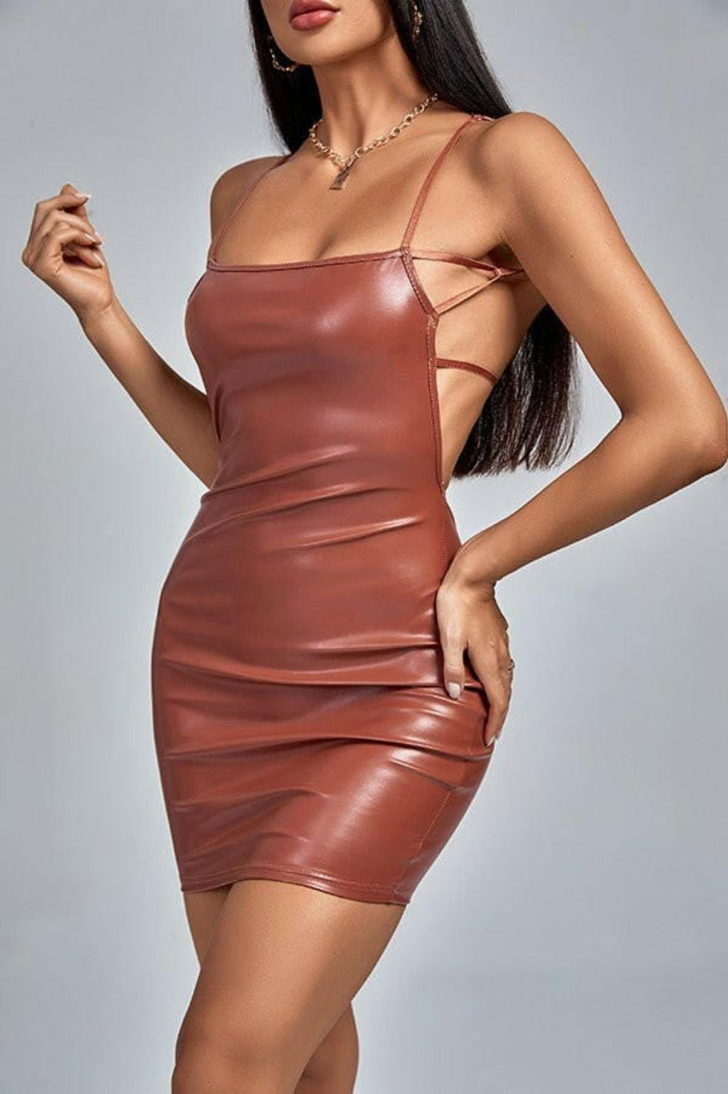 Epicplacess Dress Countermove Halter PU Leather Mini Dress - Brown