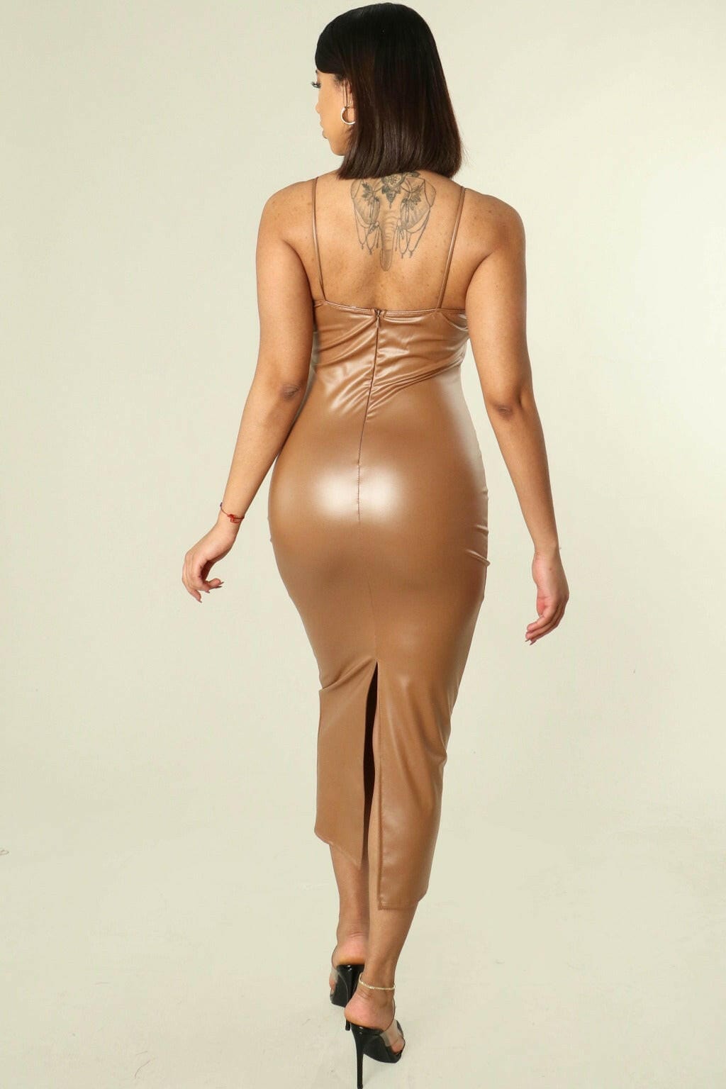 Epicplacess Dress M / Brown Leah Faux Patent Leather Maxi Dress Brown D-50371
