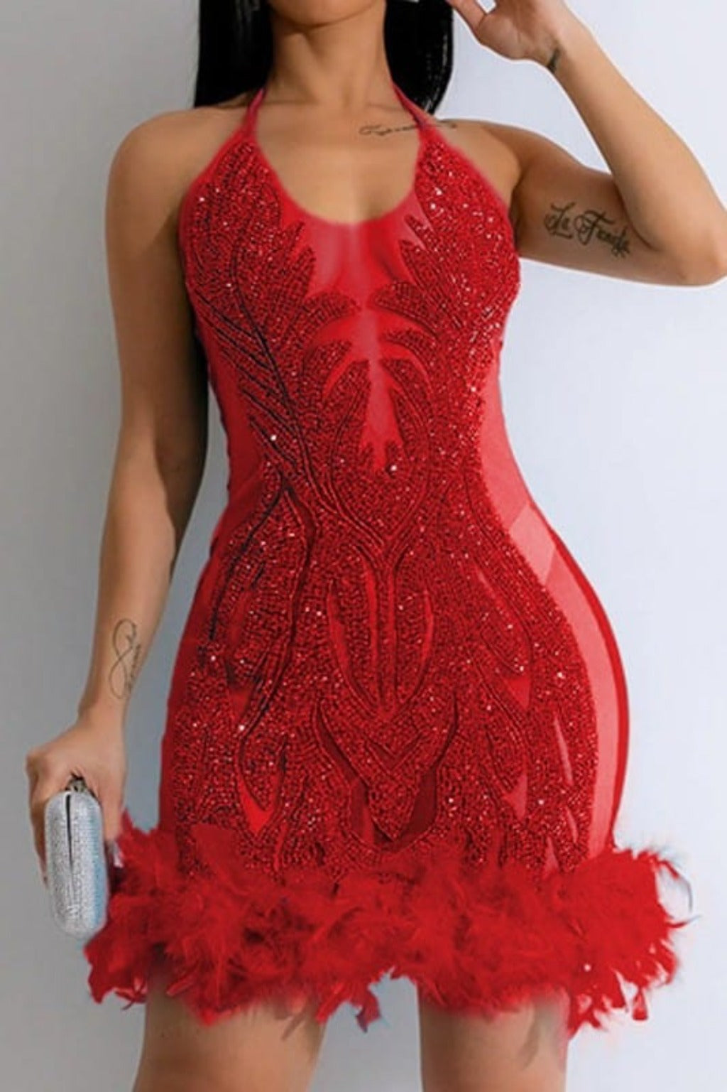 Dazzling Turquoise Embellished Feather Mini Dress Dress Epicplacess M Red 