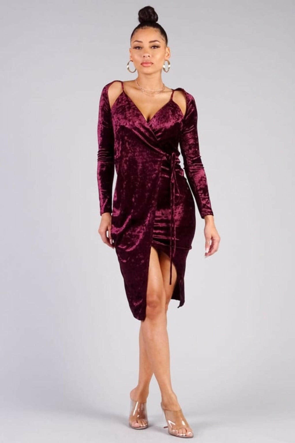 Epicplacess Dress Medium / BURGUNDY / UNITED STATES The Night Velvet Wrap Midi Dress D6870
