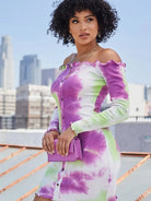 Epicplacess Dress Off Shoulder Rib Knit Tie-Dye Mini Dress-Purple