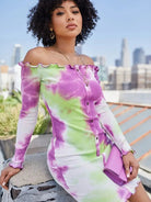 Epicplacess Dress Off Shoulder Rib Knit Tie-Dye Mini Dress-Purple