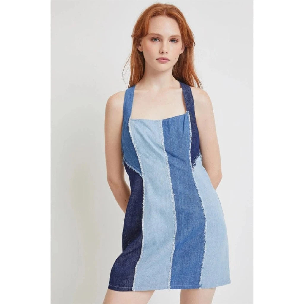 Patchwork Denim Mini Dress Dress Epicplacess   