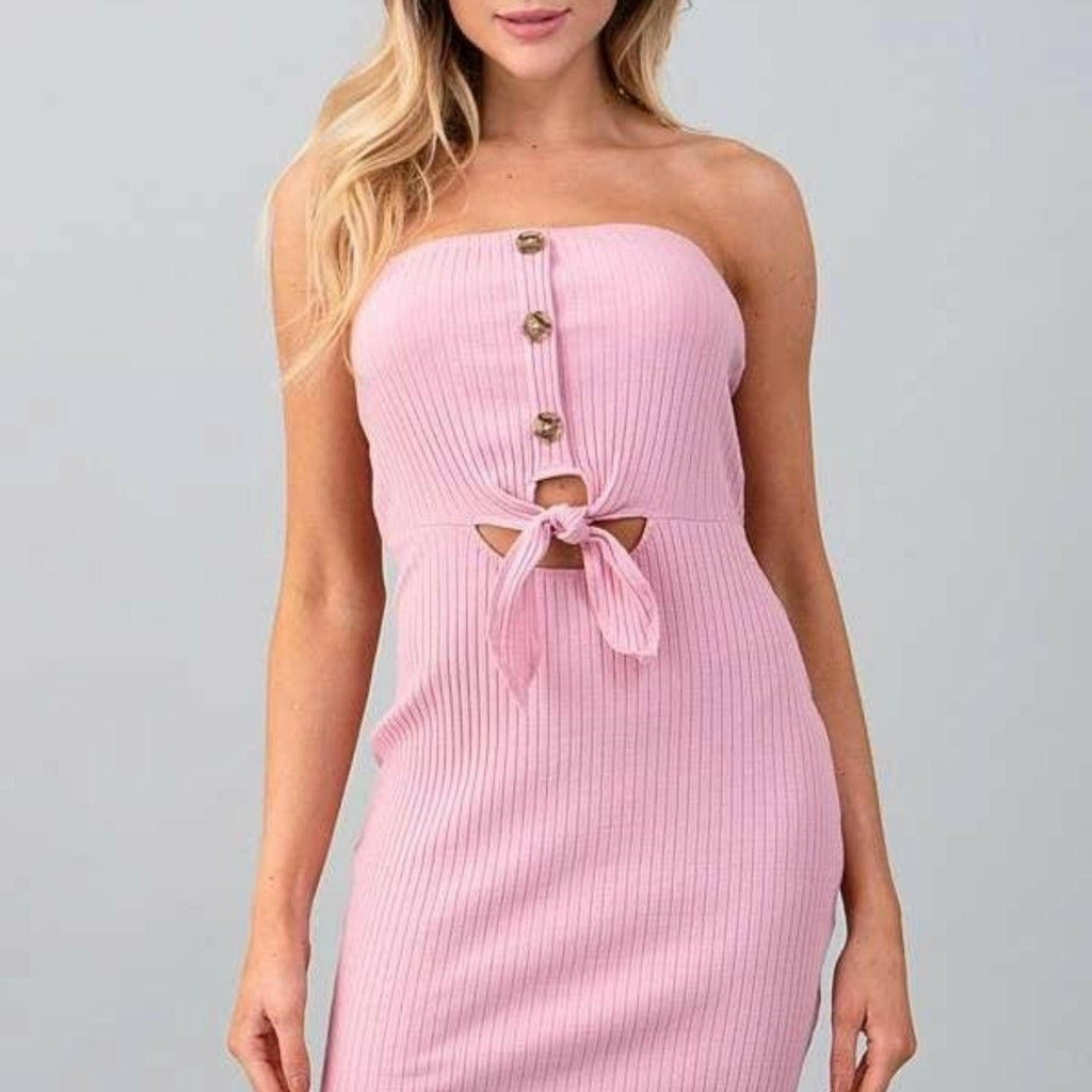 Epicplacess DRESS Pink / S Tube Front Button And Tie Midi Dress RD34770