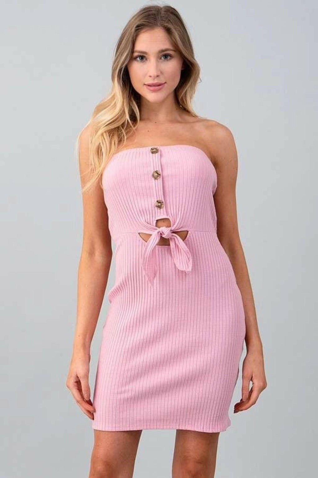 Epicplacess DRESS Pink / S Tube Front Button And Tie Midi Dress RD34770
