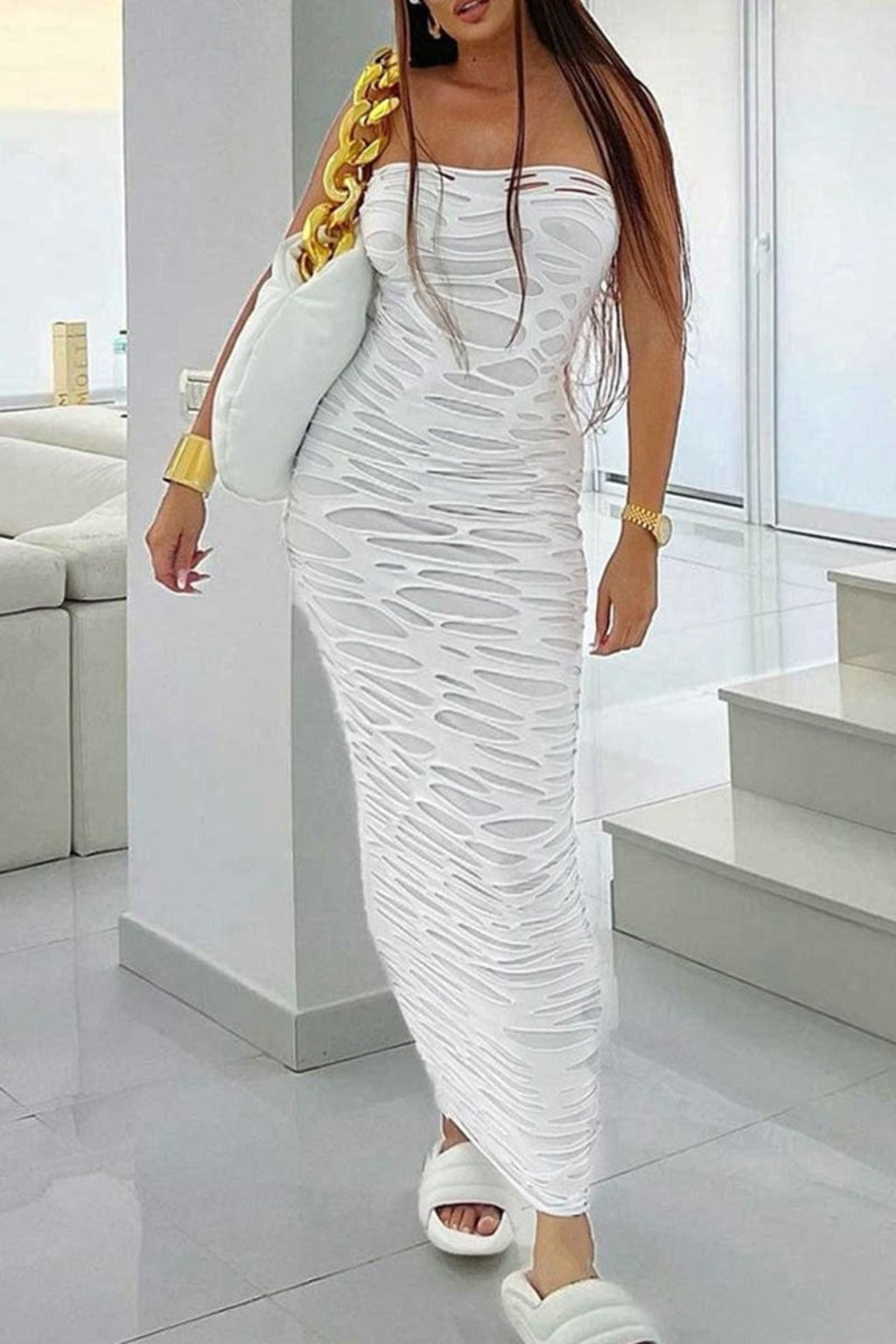 Epicplacess Dress Ripped cutout Sky Siren Maxi Dress-white