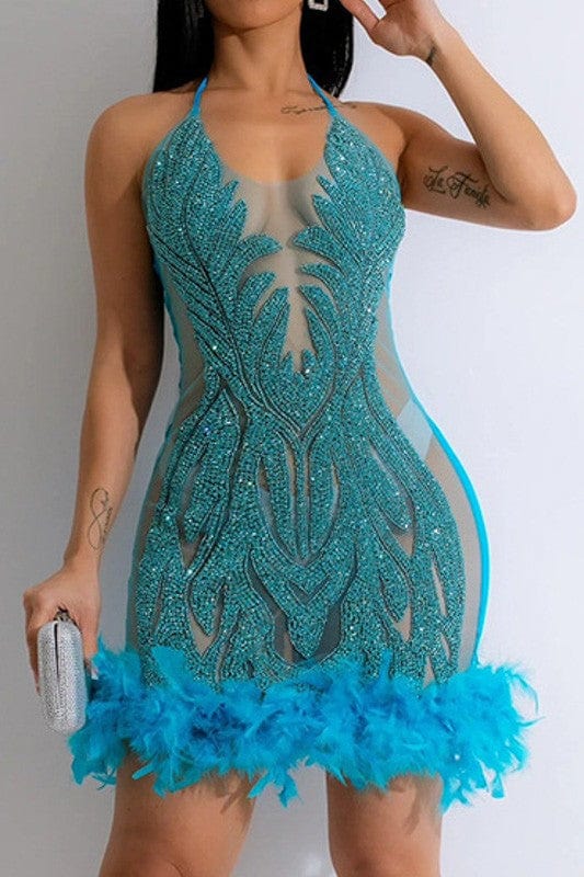 Dazzling Turquoise Embellished Feather Mini Dress Dress Epicplacess S Blue 