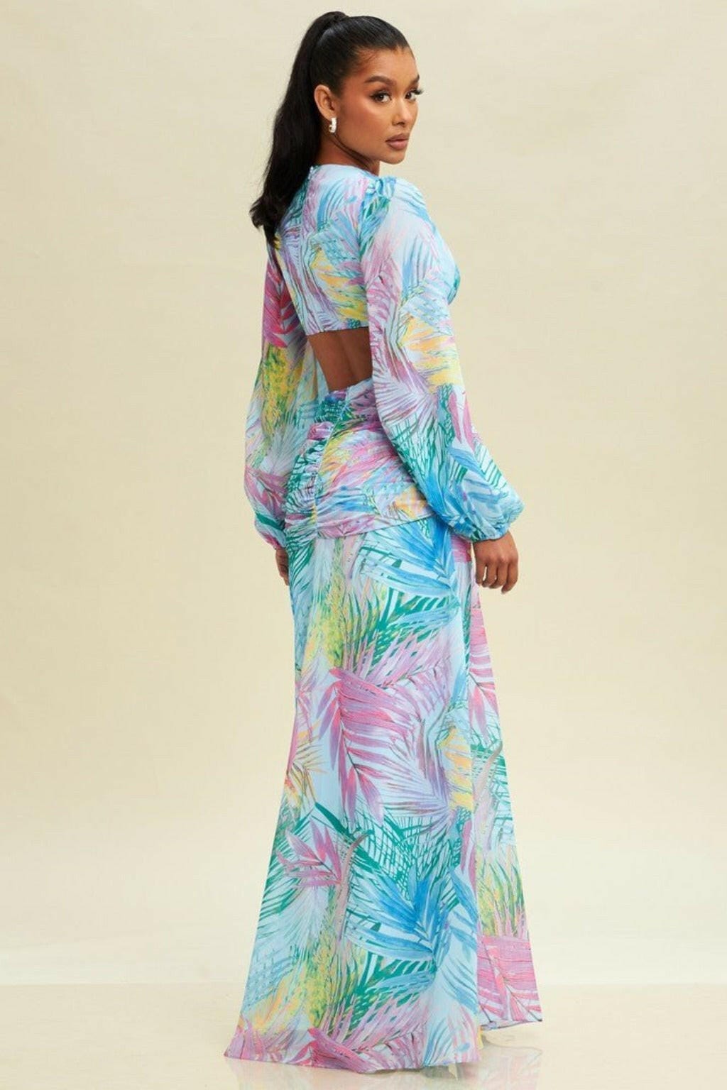 Epicplacess Dress S / Blue Sunrise Chiffon Floral Maxi Dress - Pink LD10384