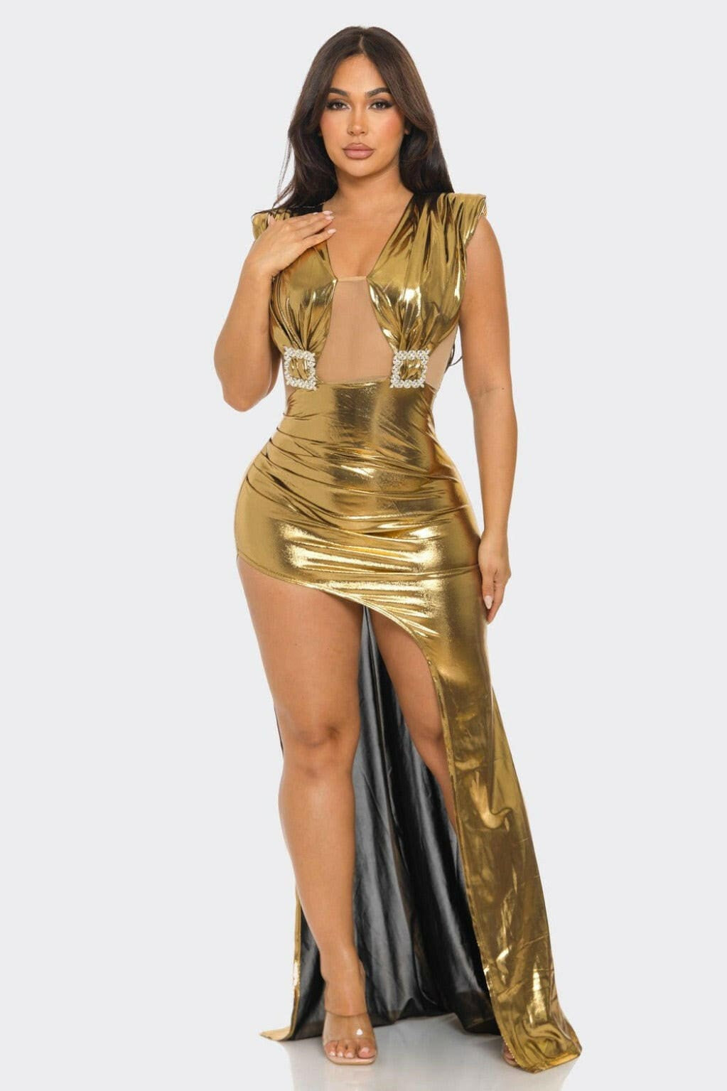 Epicplacess Dress S / Gold Shiny Metallic Maxi Dress - Black BCCDS62989 W-2