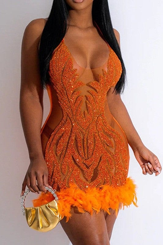 Epicplacess Dress S / Orange Dazzling Turquoise Embellished Feather Mini Dress CY012248