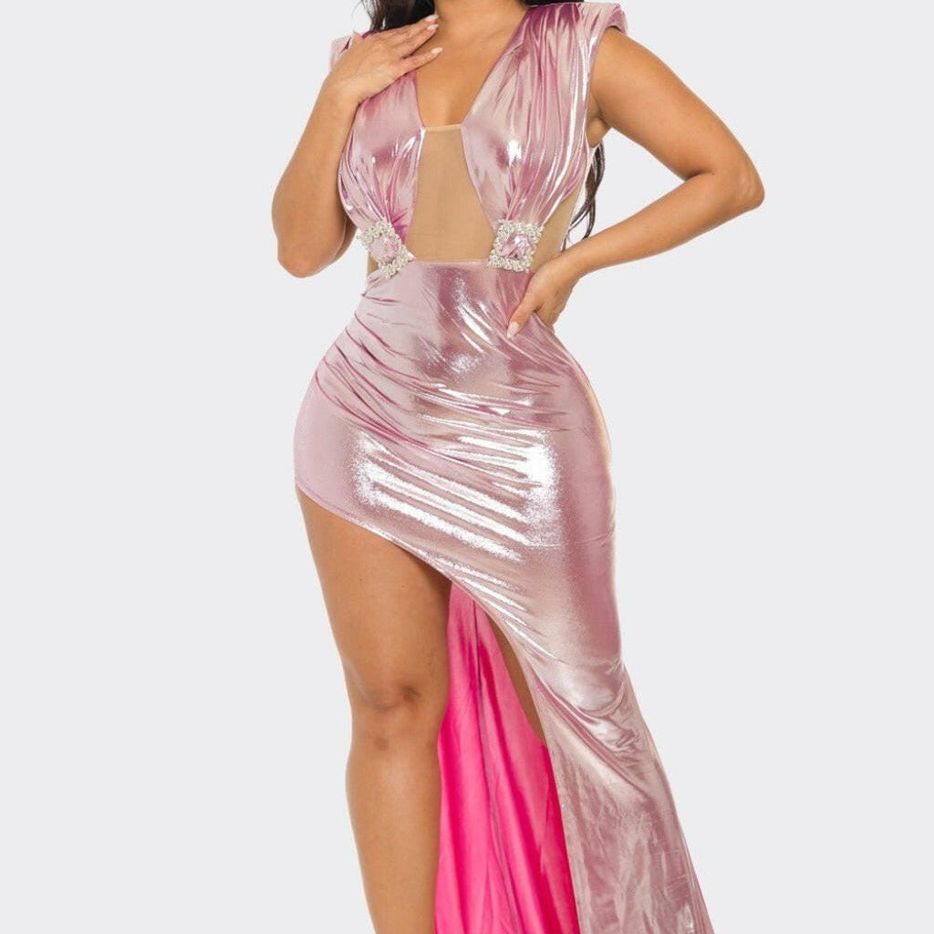 Epicplacess Dress S / Pink Shiny Metallic Maxi Dress - Black BCCDS62989 W-3