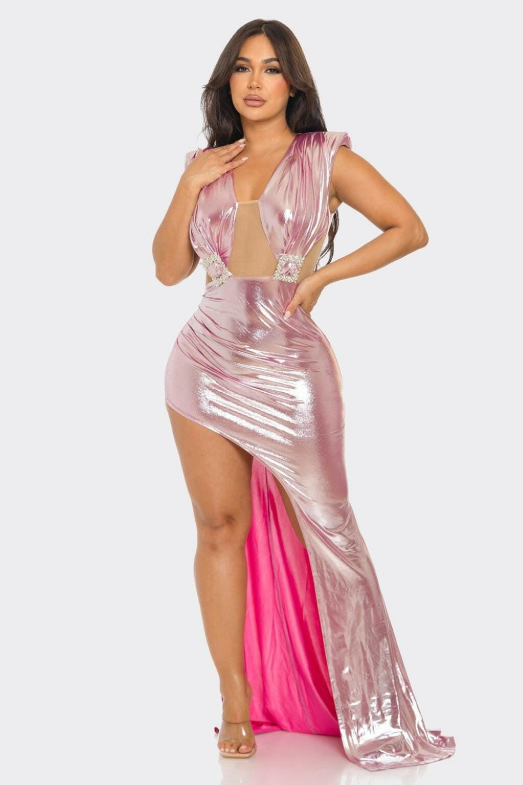 Epicplacess Dress S / Pink Shiny Metallic Maxi Dress - Black BCCDS62989 W-3
