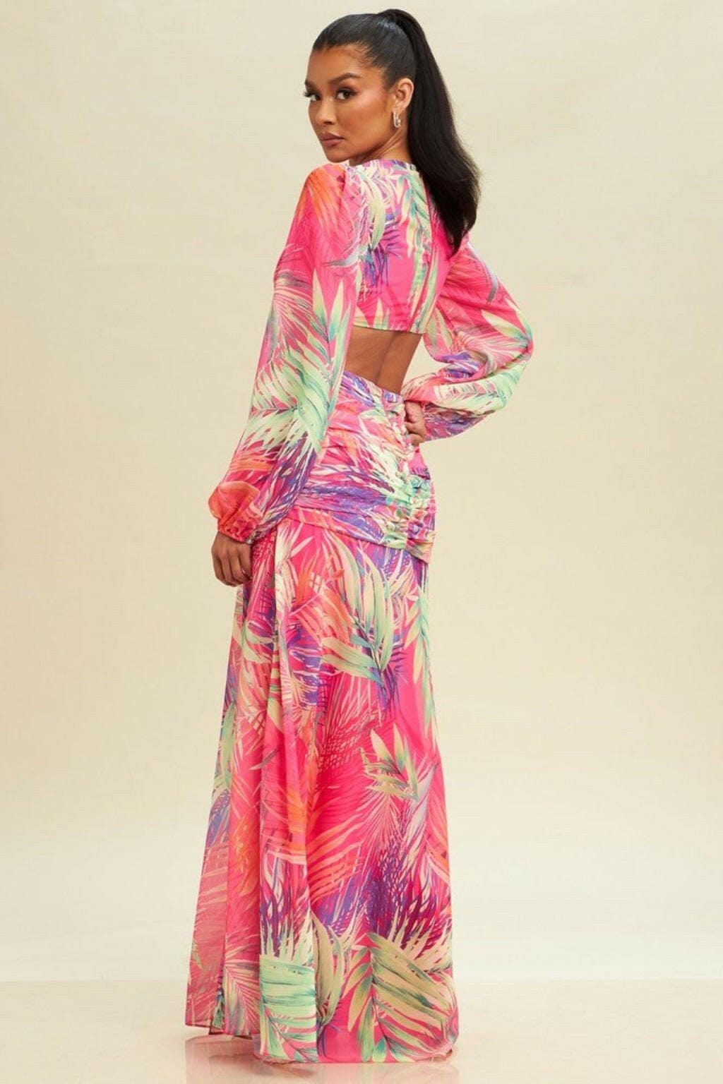 Epicplacess Dress S / Pink Sunrise Chiffon Floral Maxi Dress - Pink LD10383