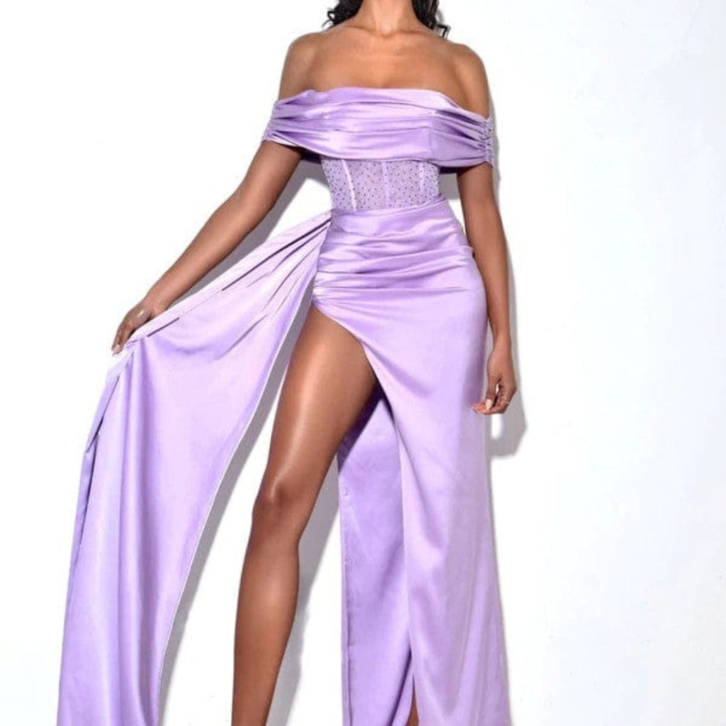 Epicplacess Dress S / Purple Crystal Corset Satin Maxi Dress - Purple BBC-2428MC43