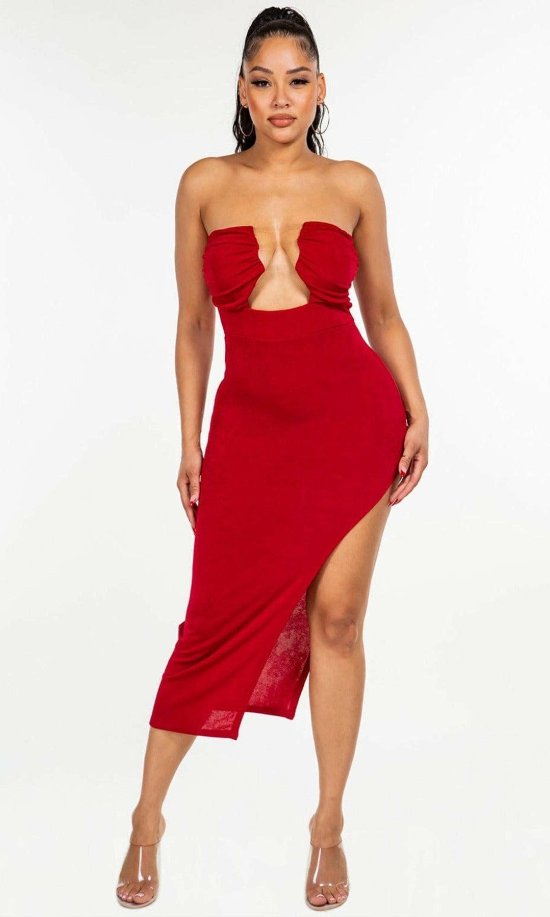 Epicplacess Dress S / RED Slinky Invisible Strap Midi Dress KSD2663
