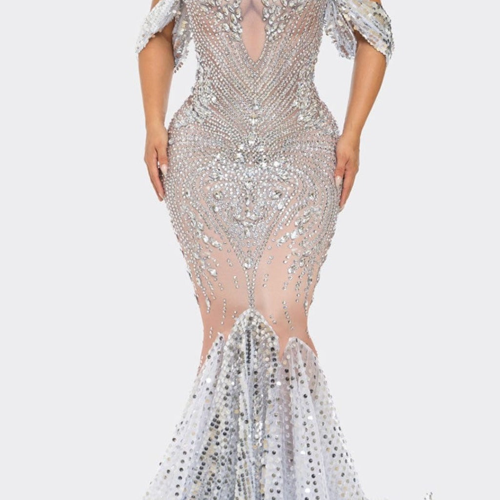 Epicplacess Dress S / Silver/Nude Valerie 3D Cleavage Diamante Maxi Dress D73968