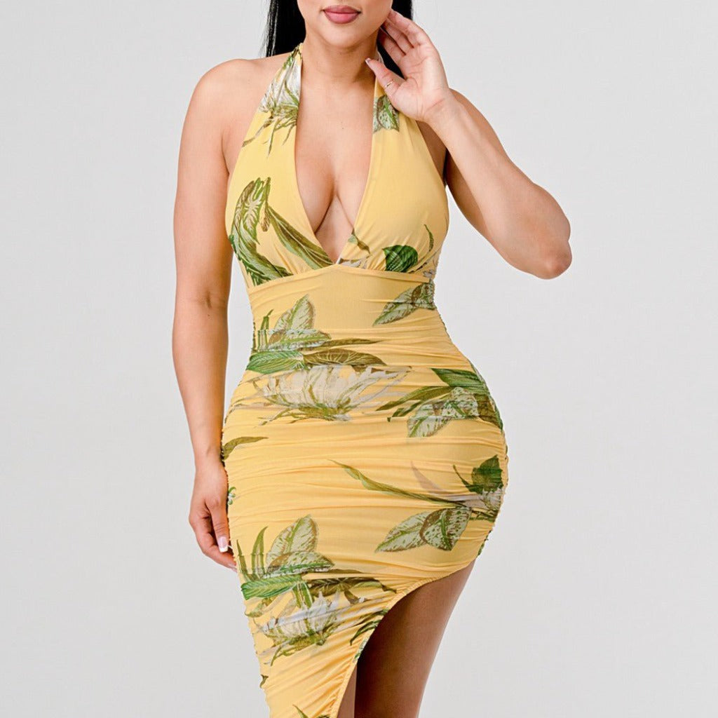 Epicplacess Dress S / Yellow Evangeline Tropical Floral Midi Dress PD74743N-W-1