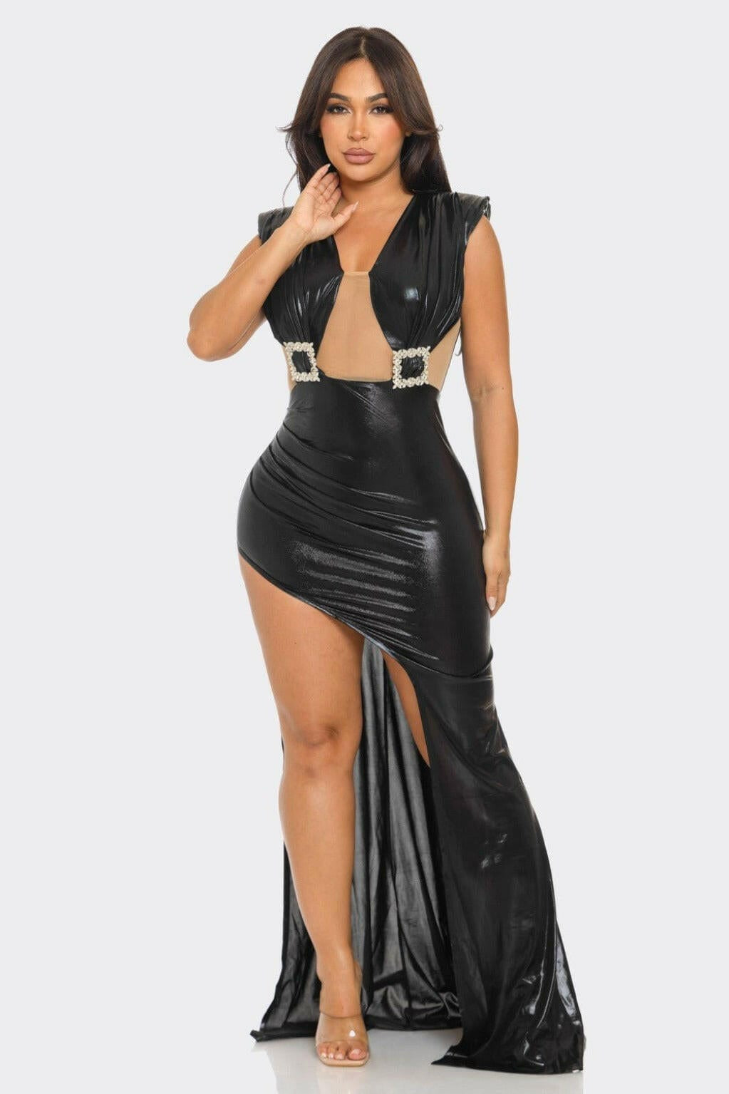 Epicplacess Dress Shiny Metallic Maxi Dress - Black