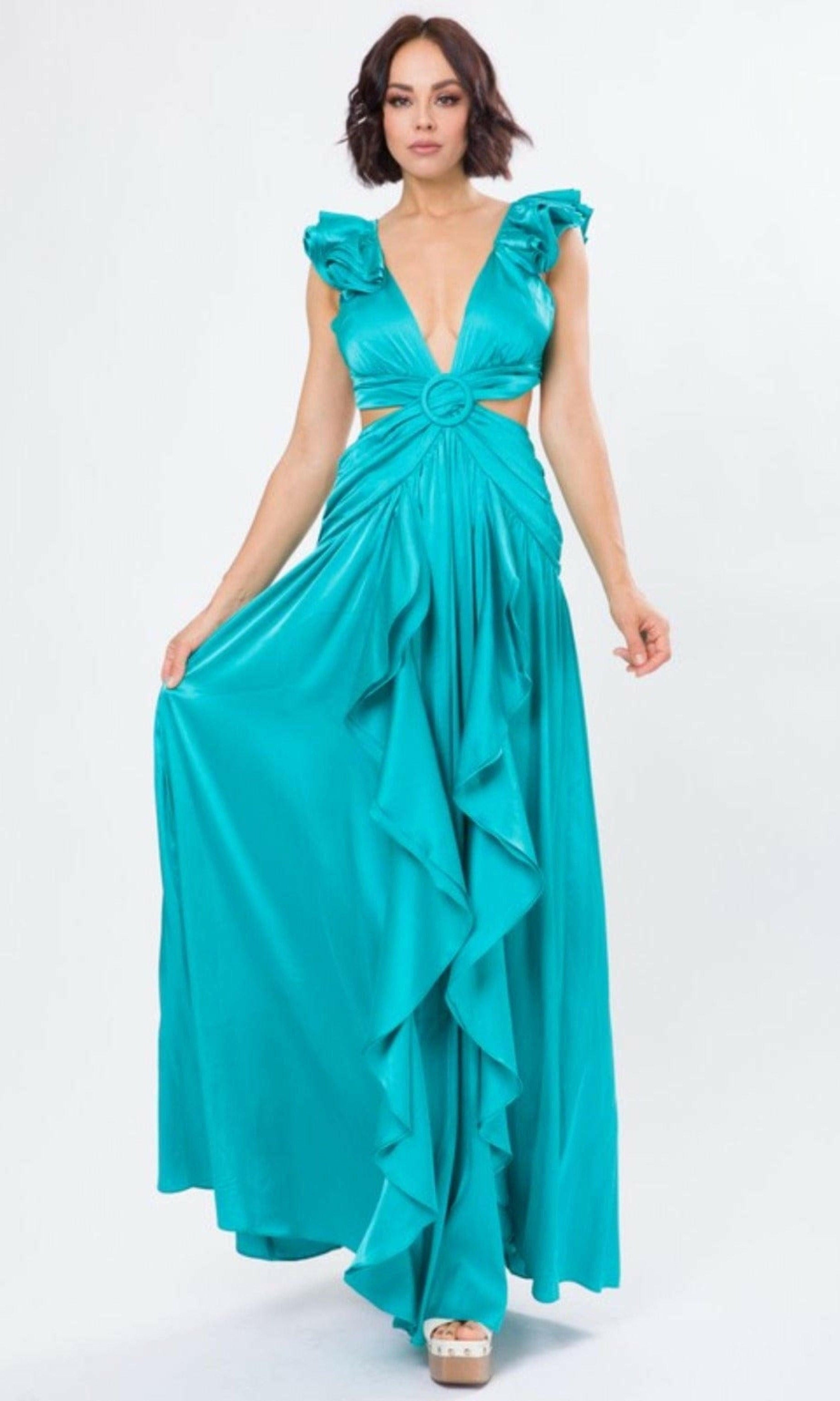 Epicplacess Dress SMALL / BLUE / UNITED STATES SOLID SATIN RUFFLE SLEEVE GOWN MAXI DRESS RVD2556