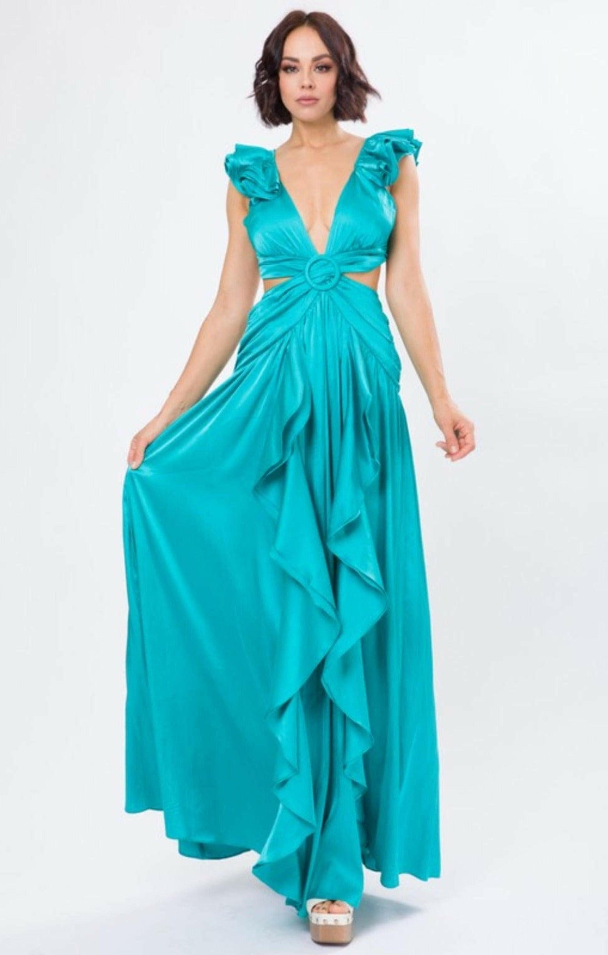 Epicplacess Dress SMALL / BLUE / UNITED STATES SOLID SATIN RUFFLE SLEEVE GOWN MAXI DRESS RVD2556