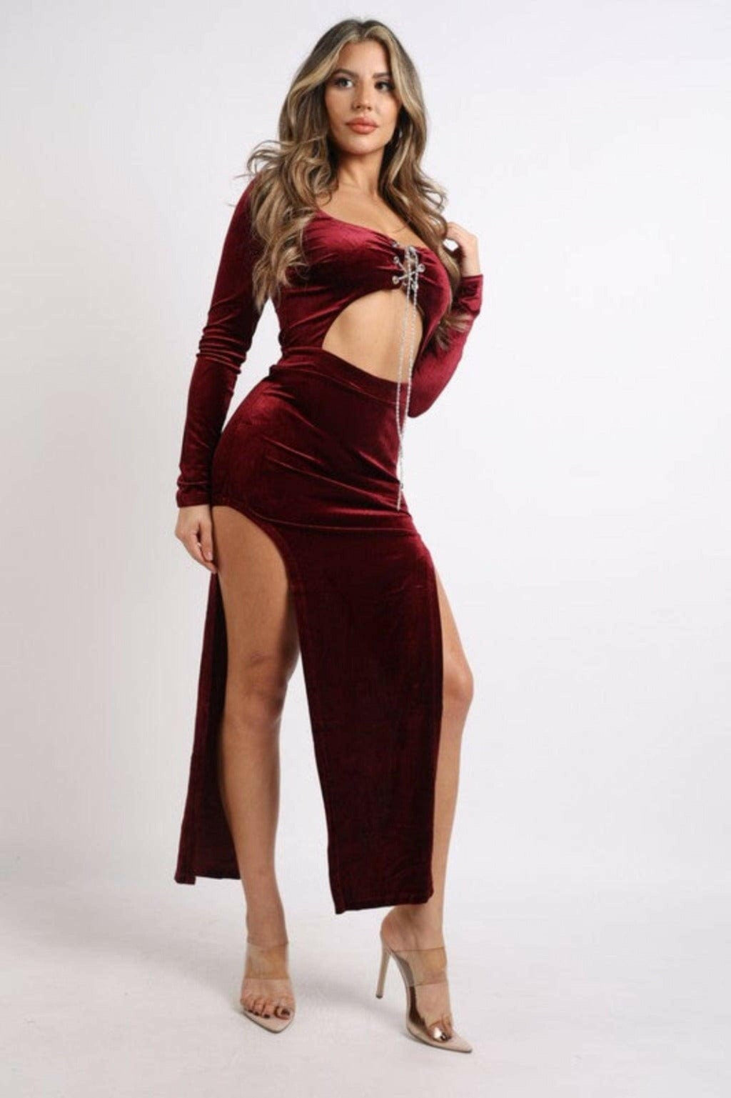 Epicplacess Dress Small / Burgundy / United States Cut Out Slit Eyelet Tie Maxi Dress VD2098