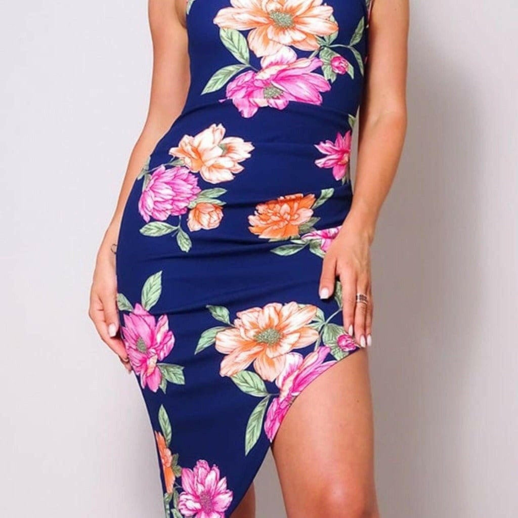 Epicplacess DRESS Small / NAVY / UNITED STATES PINK LILY FLORAL COCKTAIL MIDI DRESS D10961