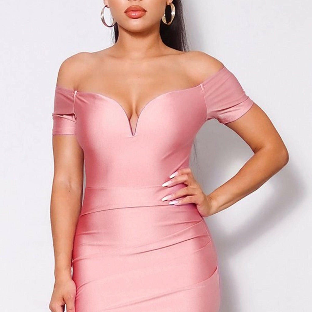 Epicplacess Dress Small / Pink / United states Classy Off Shoulder Gathered Mini Dress D9460