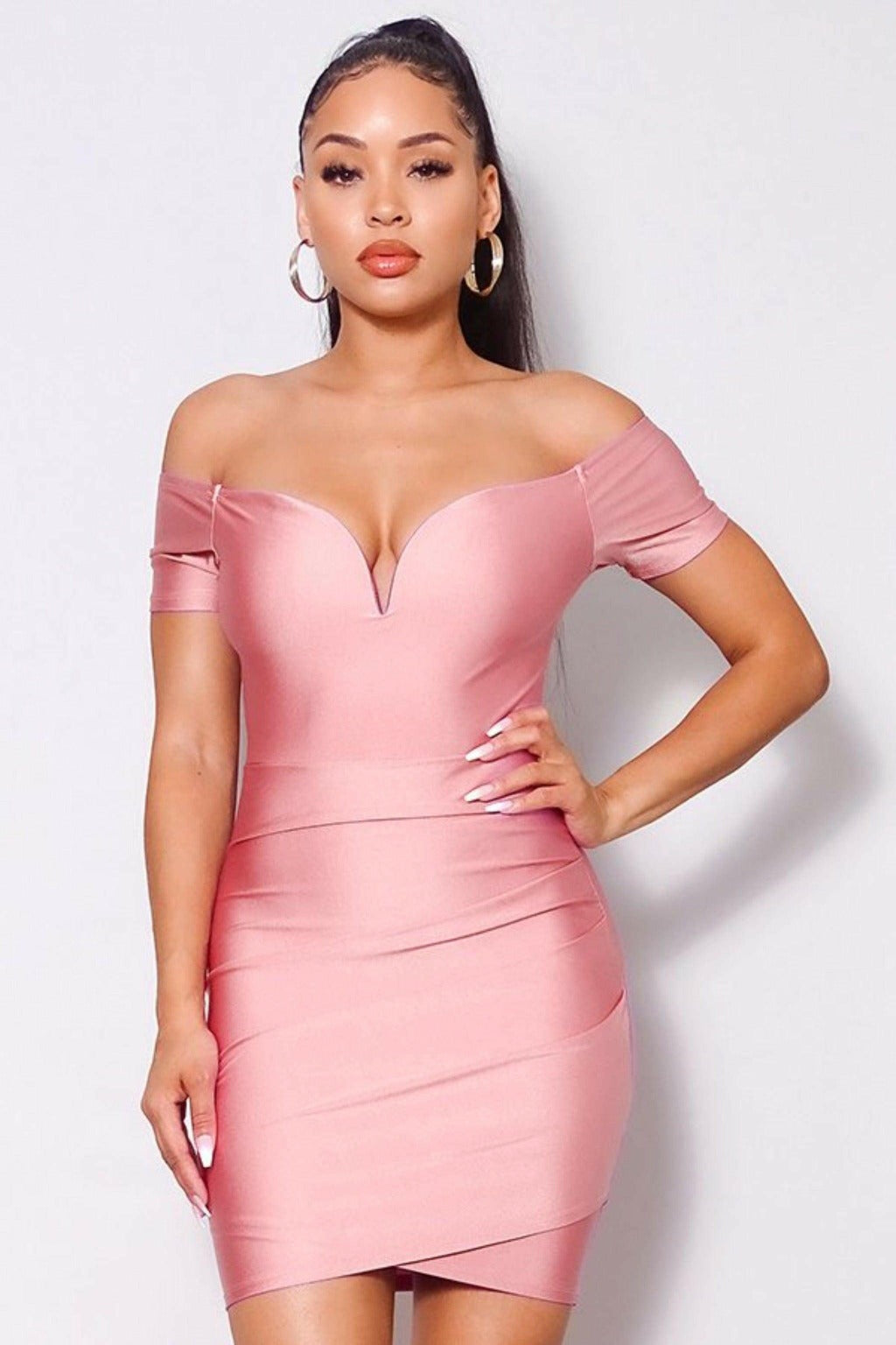 Epicplacess Dress Small / Pink / United states Classy Off Shoulder Gathered Mini Dress D9460