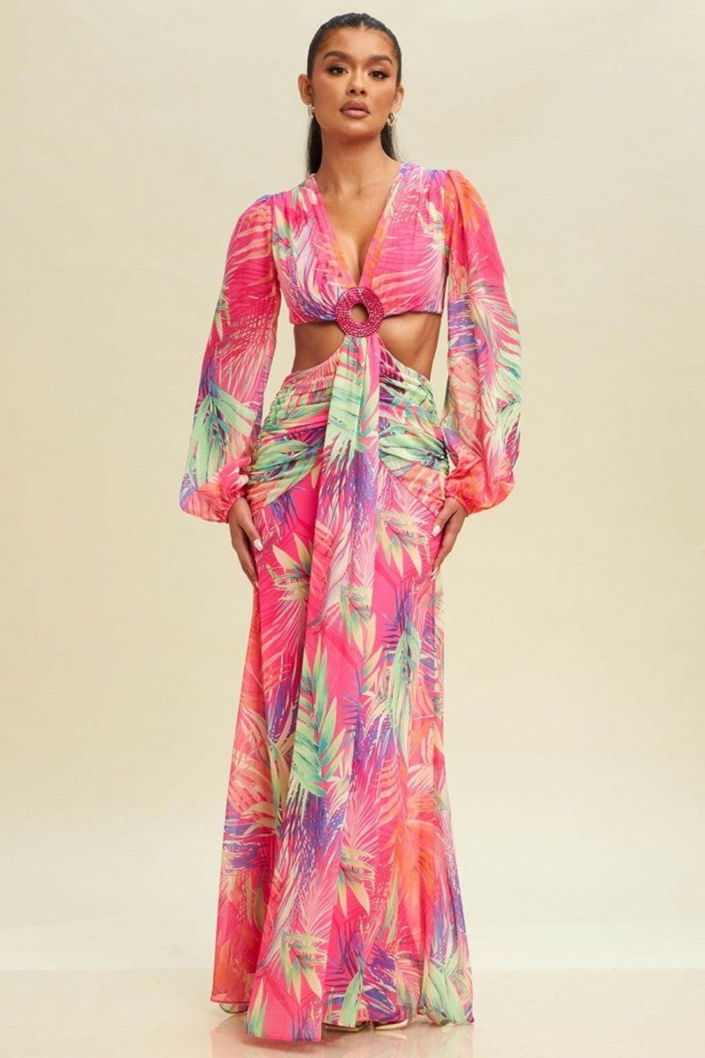 Epicplacess Dress Sunrise Chiffon Floral Maxi Dress - Pink
