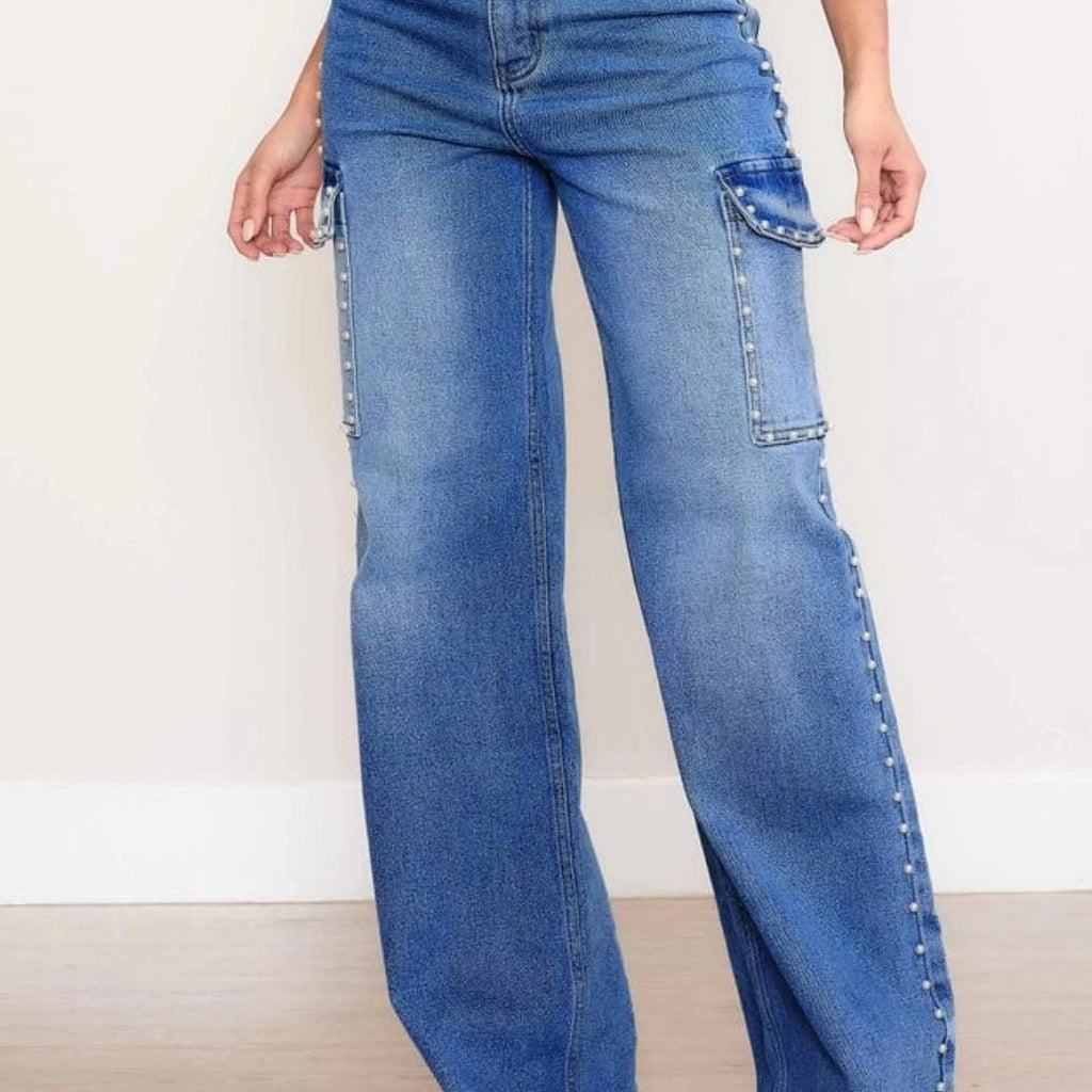 Epicplacess JEANS High Waist Denim Cargo Jeans in Pearl Adorned Style