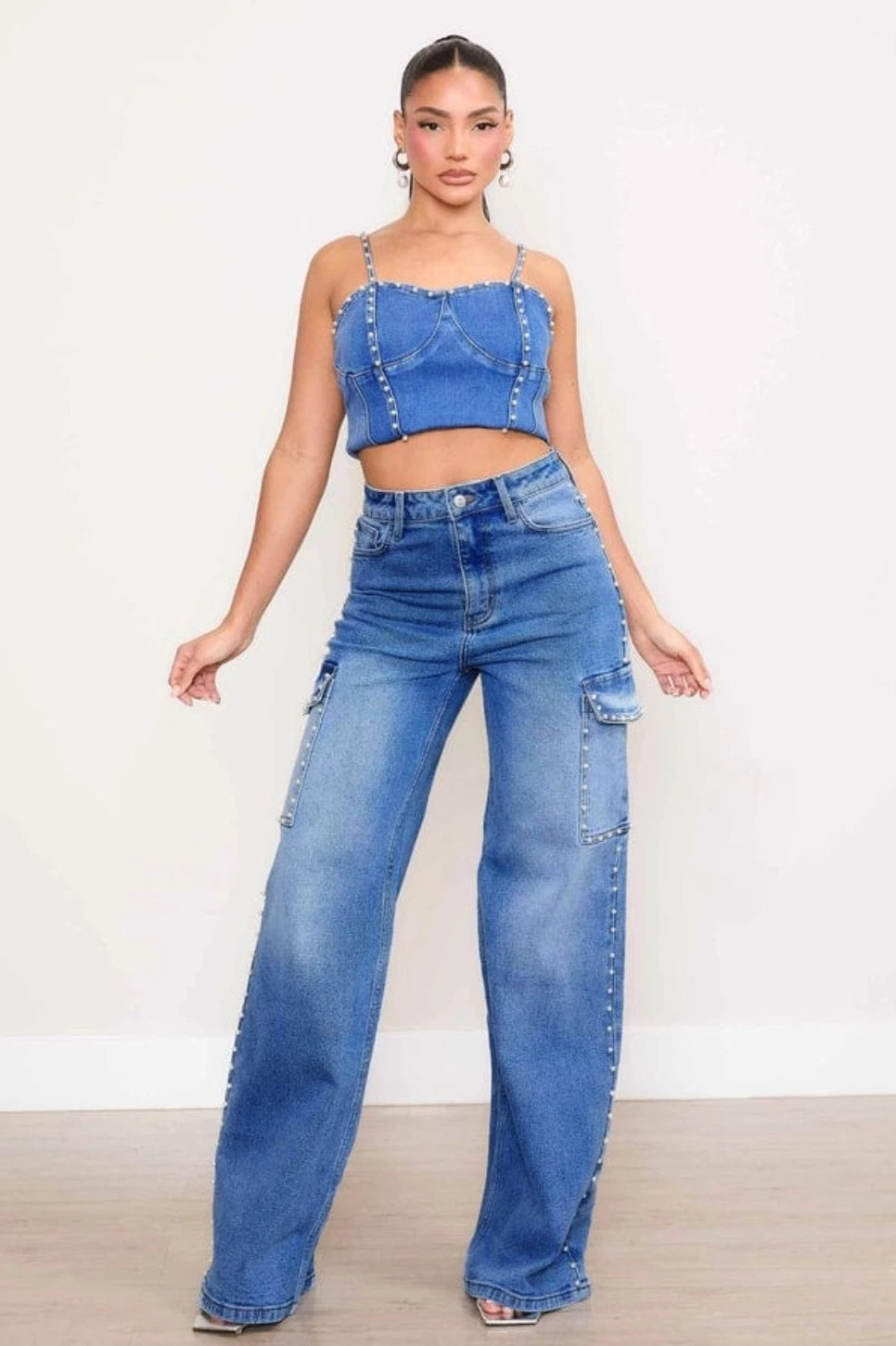 Epicplacess JEANS High Waist Denim Cargo Jeans in Pearl Adorned Style