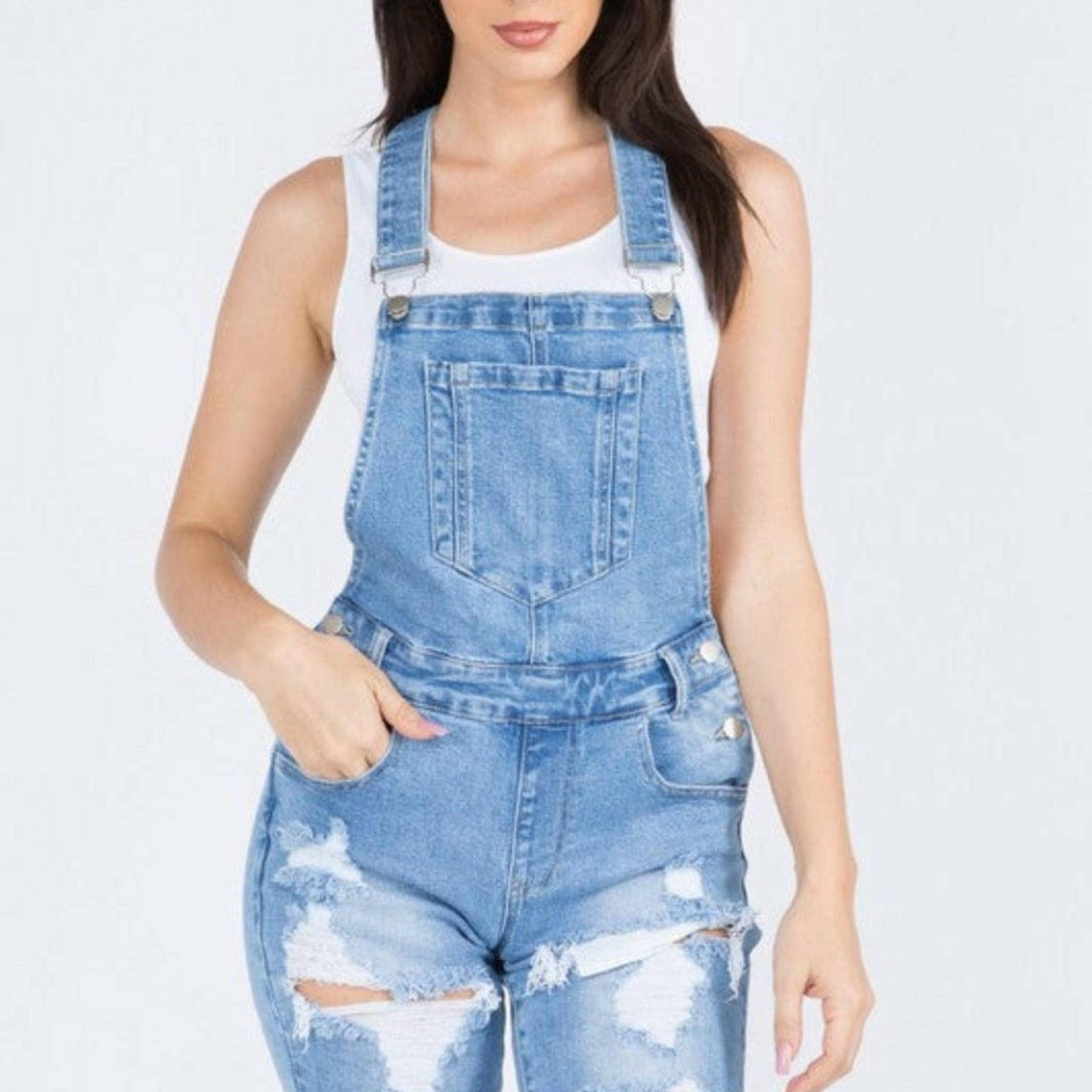 Epicplacess jumpsuits SMALL / BLUE / united states SOLID MID RISE SLIM FIT SHORT OVERALLS JUMPSUITS