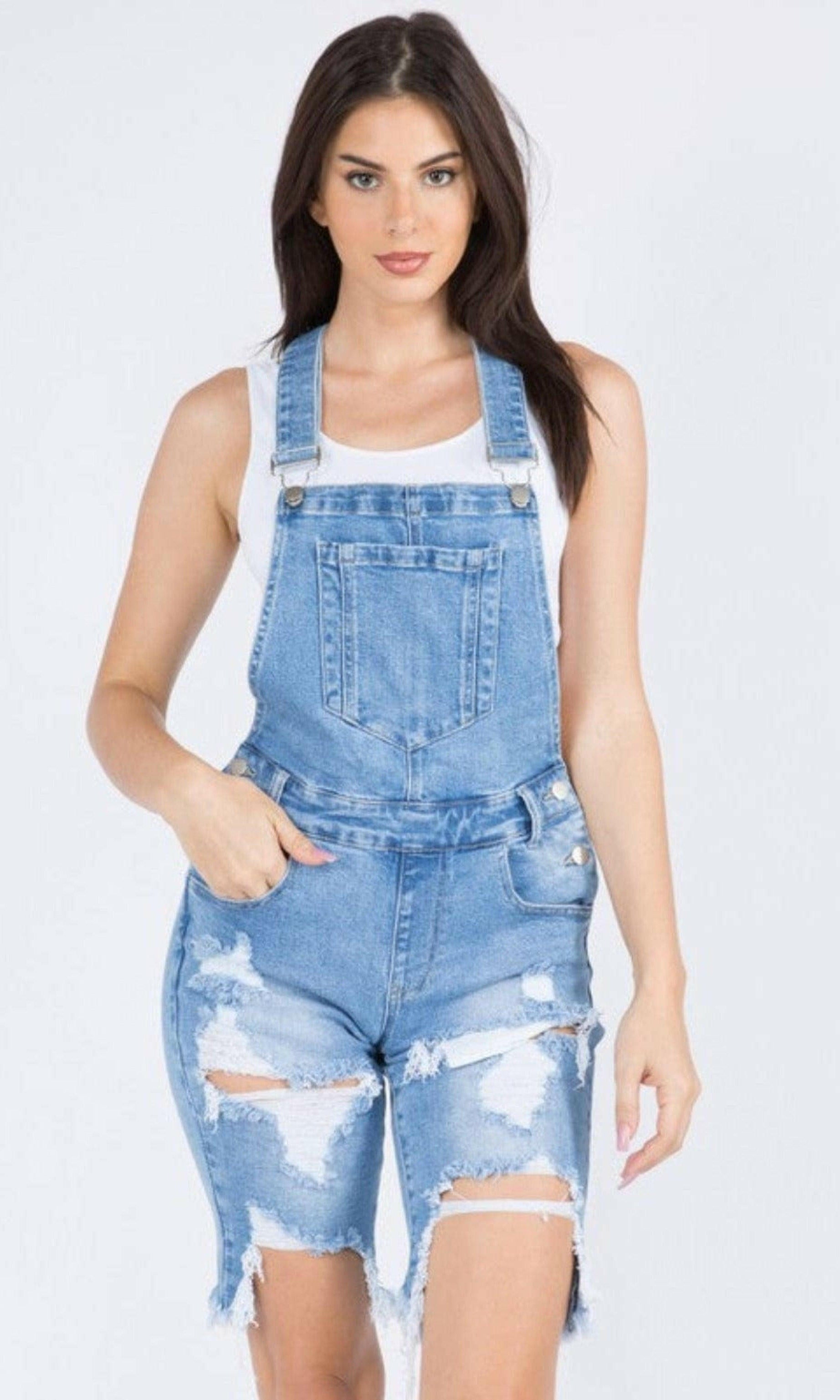 Epicplacess jumpsuits SMALL / BLUE / united states SOLID MID RISE SLIM FIT SHORT OVERALLS JUMPSUITS