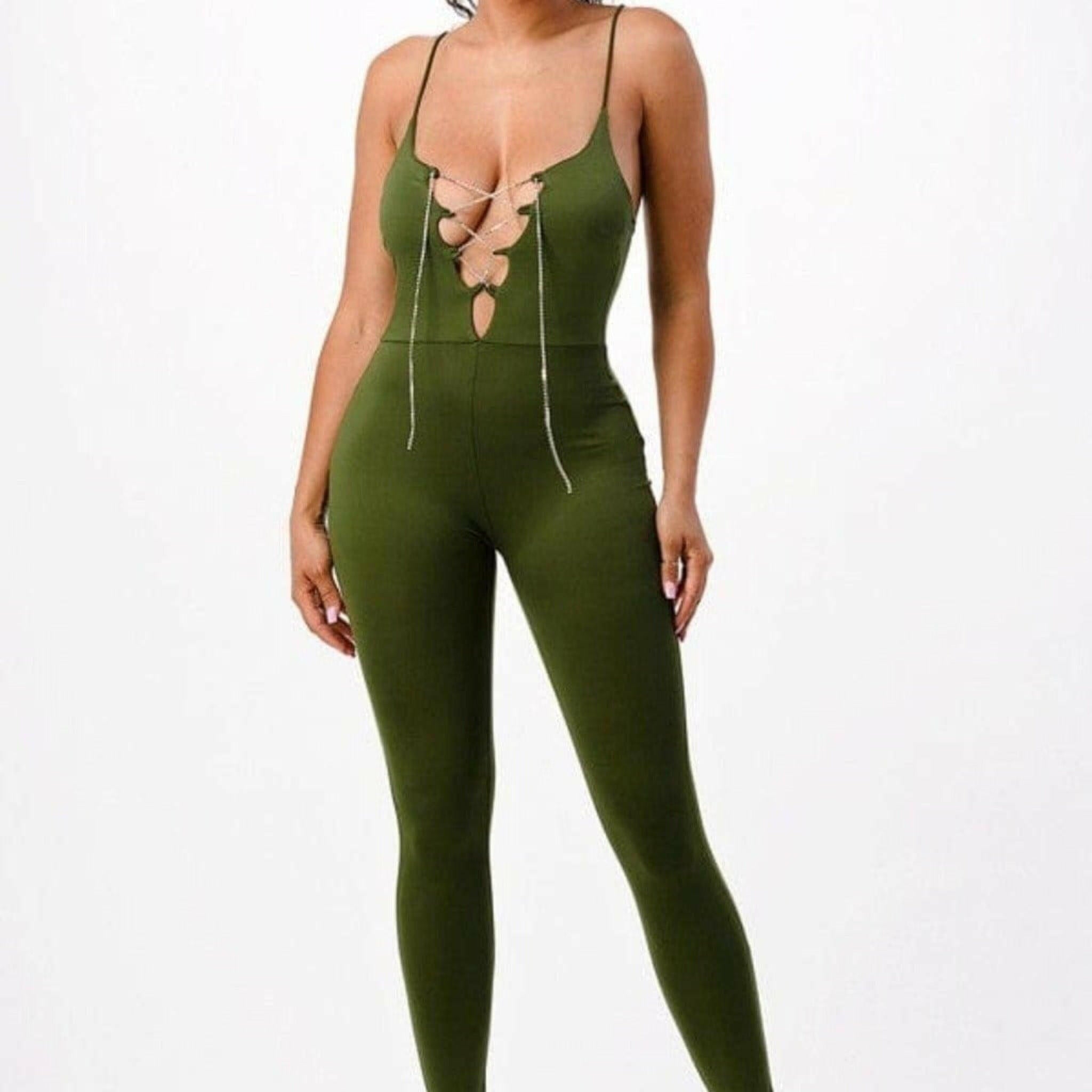 Epicplacess jumpsuits SMALL / GREEN / UNITED STATES Spaghetti Strap V Front Lace Up Jumpsuits 