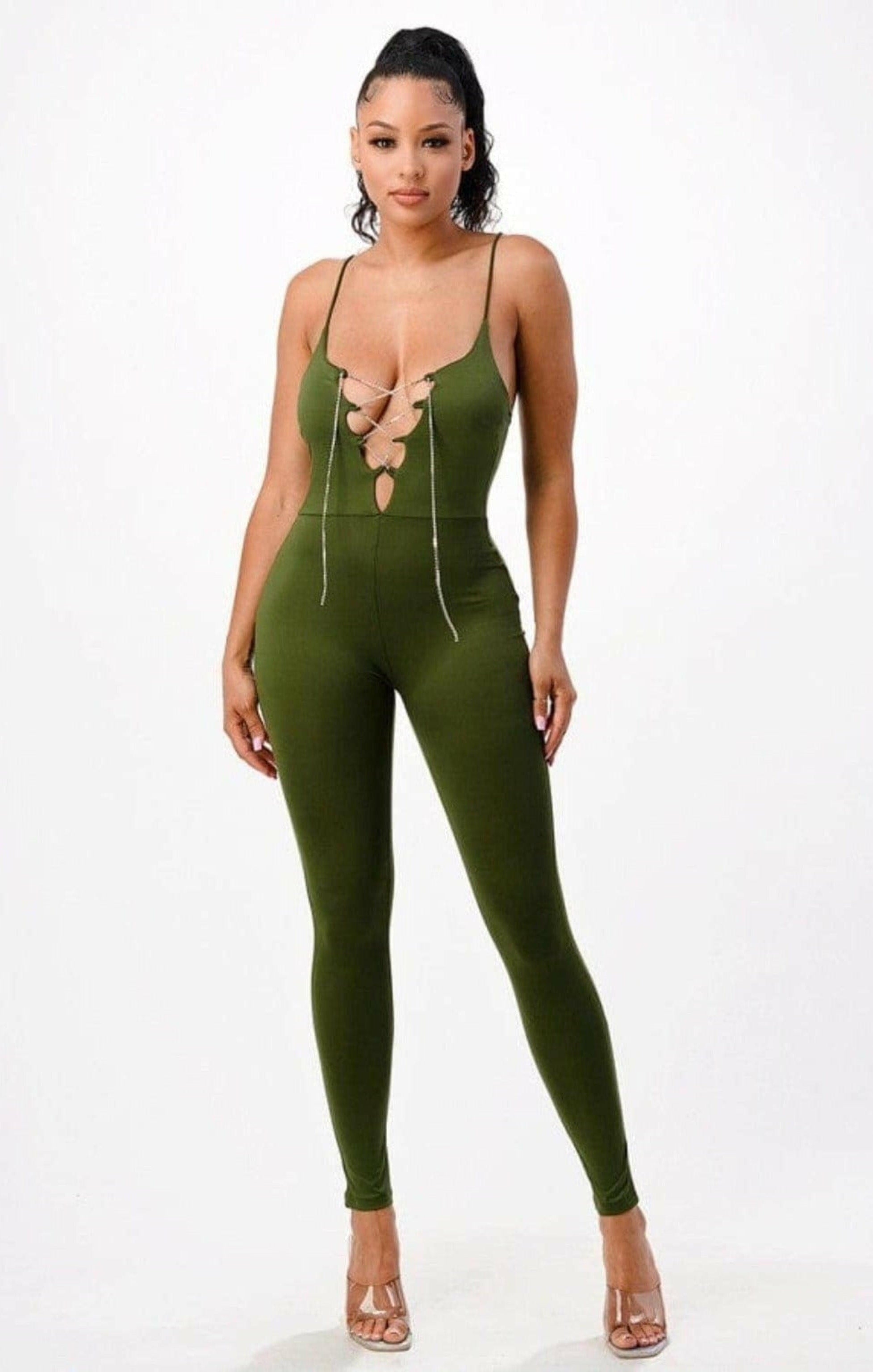 Epicplacess jumpsuits SMALL / GREEN / UNITED STATES Spaghetti Strap V Front Lace Up Jumpsuits 
